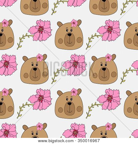 Seamless Pattern With Cute Bears And Pink Flowers On A Grey Background. Baby Design For Fabric, Text