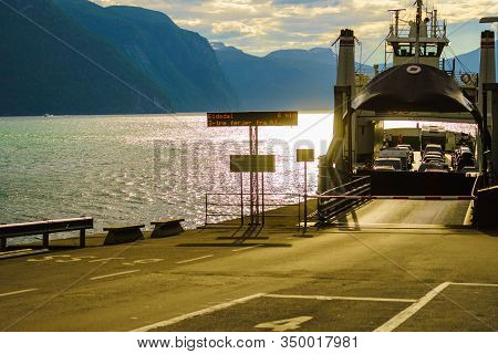 Eidsdal, Norway - July 28, 2018: Car Ferry Connection Eidsdal - Linge, Norddal Municipality In More 