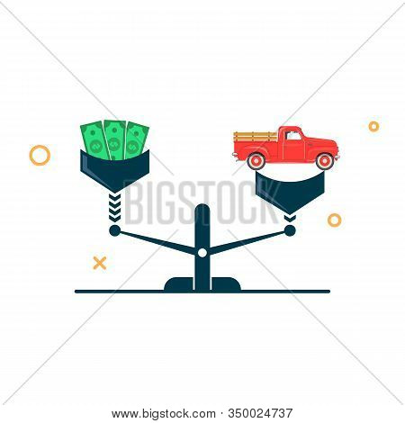 Car And Money On Scales. Car Prices Concept. Car Is More Expensive And Heavier Than Money On The Sca