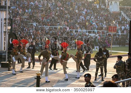 Amritsar, India - Febuary 8, 2020: Indian Border Security Force Officially Closes The Wagah Border C