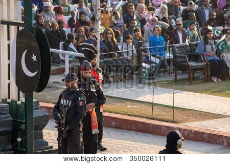 Wagah, Pakistan - Febuary 8, 2020: Pakistani Rangers Prepare To Face Off With Indian Border Security