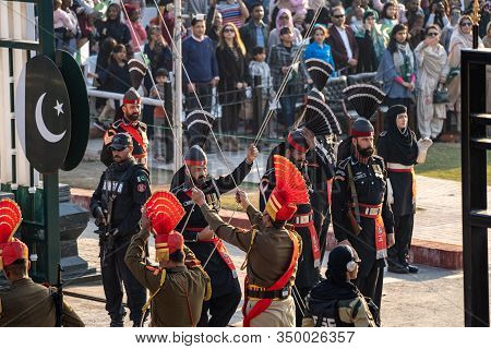 Amritsar India - Febuary 8, 2020: Indian Border Security Force And Pakistan Rangers (black Uniforms)