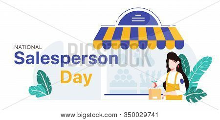 National Salesperson Day Horizontal Banner Template. Girl Packing Fruit Into Bag In Front Of The Sto