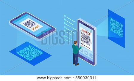Qr Code Verification. Isometric Barcode Mobile Scanning, Customer Makes Paying With Phone Scanner. I