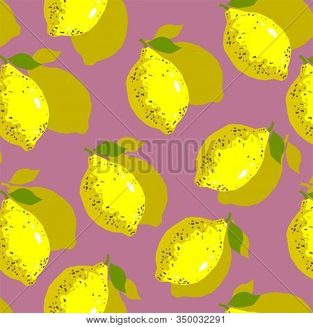 Fruits Pattern With Yellow Fresh Lemons On Violet Background. Great Element For Food Design.