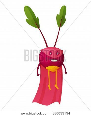 Vector Fruit Cartoon Character Of Superhero Expression. Funny Personage Of Chery In Mask. Vegetarian