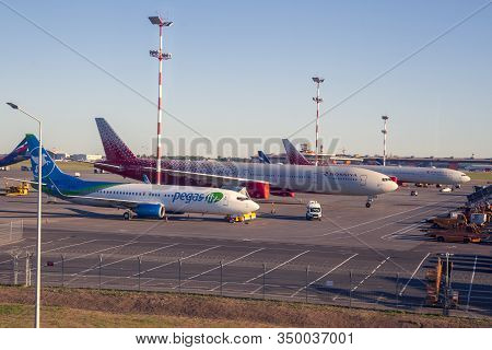 Moscow, Russia -2019-05-19 : Vnukovo International Aipport In Moscow. The Aeroplane Of Pegas Fly