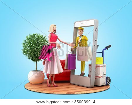 Fast Delivery Concept The Courier Transmits The Parcel To The Addressee Through The Screen Of The Sm