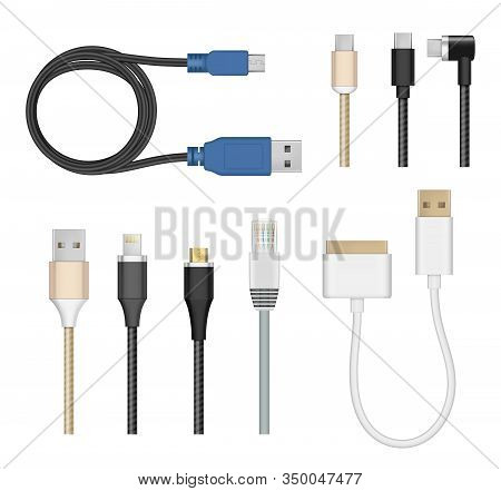 Connection Cables. Computer And Mobile Devices Charging Cord Electric Cable Plugs Usb Pc Vector Real