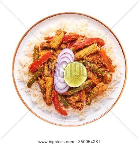 Vegetable Jalfrezi With Basmati Rice Isolated On White Background. Jalfrezi Is Indian Cuisine Dish W
