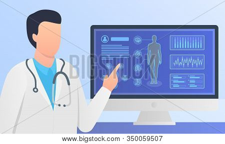Doctor Give Analysis Or Explanation With Human Body Medical Reports On Computer Screen Vector