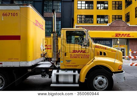 New York, Usa - June 6, 2019: Dhl Delivery Truck Parked In Manhattan At Dhl Warehouse, New York City