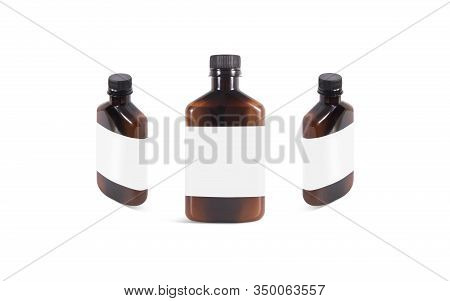 Blank Amber Plastic Bottle With White Label Mockup, Front And Side View. Empty Brown Vial With Natur