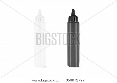 Blank Black And White Plastic Tall Bottle Mockup, Front View. Empty Dye Or Pharmacy Cream Container 
