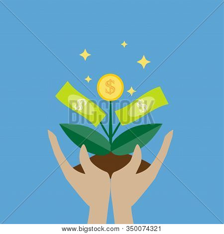 Money Tree In Hands Vector Icon On Blue Background. Money Growing On Tree Concept For Money Growth, 