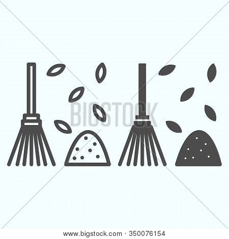 Raking Fallen Leafs Line And Solid Icon. Gardening Tool For Rake Up Leaves. Autumn Season Vector Des