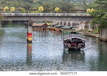 Bohol, Philippines - January, 27, 2020: Floating Buffet Restaurant Cruise On Loboc River