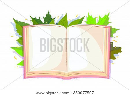 Copy Space Open Book In Green Leaves. Spring Template, Empty Sheet With Decoration Element, Concept 