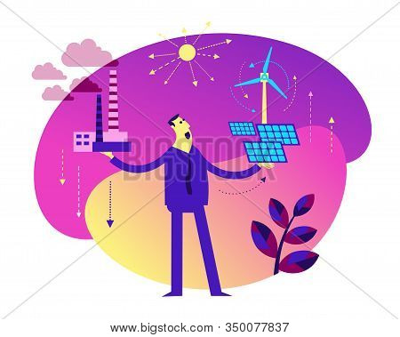 Ecological Illustration. Man Chooses Between Polluting And Clean Energy. Alternative Types Of Energy