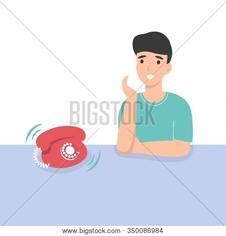 Happy Guy Receive An Incoming Call. Flat Vector Cartoon Illustration.