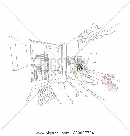 Beautiful Interior Large Bathroom And Toilet. Gentle Light Bathroom Interior, Romantic Style. Spacio