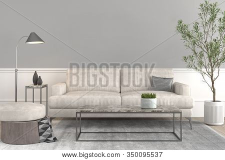 Interior Design Setup, Modern Elegant Living-room With Leather Couch And Puff, Coffe Table, Lamp, Pl
