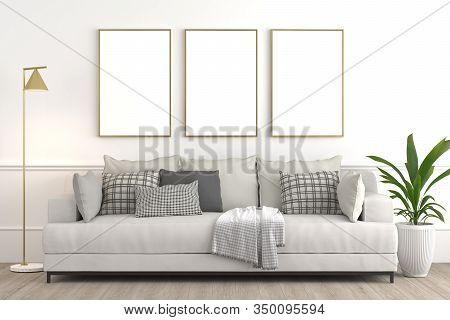 Interior Design Setup, Modern Elegant Living-room Consisting Of White Couch With Various Pillows And