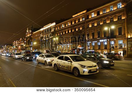 Saint Petersburg, Russia - Junuary 30, 2020: Uber Taxi. Car Traffic On Nevsky Avenue. Nevsky Prospec