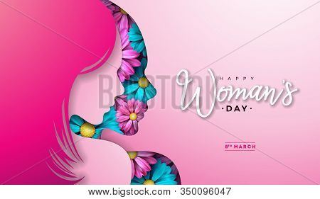 8 March. Womens Day Greeting Card Design With Young Woman Silhouette And Flower. International Femal