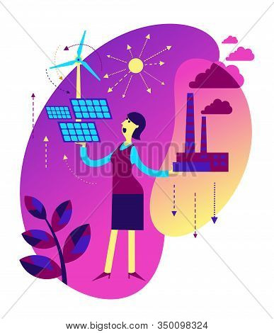 Ecological Illustration. Woman Chooses Between Polluting And Clean Energy. Alternative Types Of Ener