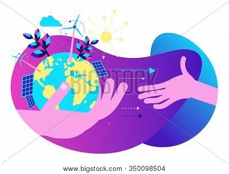 Ecological Illustration. In Hands Of Man Planet Earth.  Alternative Types Of Energy. Modern Eco Frie