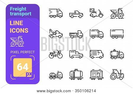 Freight Transport Line Icons Set Vector Illustration. Trucks Tractors Delivery Trailers Cargo Dumper