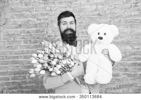 Great Pleasure. Womens Day. Love Date. International Holiday. Spring Flower. Bearded Man Hipster Wit