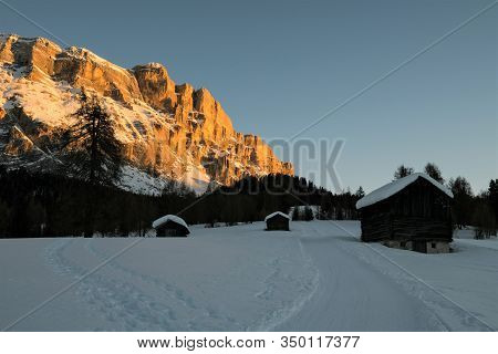 Magic Light - Sunset In The Dolomites-  Aramentara Meadows And Sas Dla Crusc- Winter Landscape