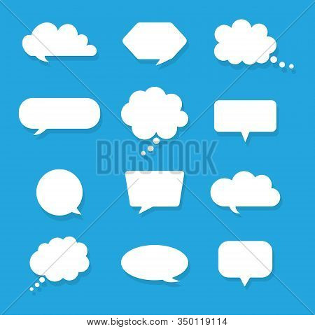 Set Of Blank White Speech Bubbles And Text Boxes Isolated On Blue Background. Comic Message Bubbles.