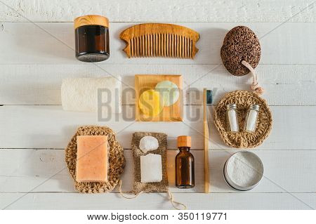 Zero Waste Bathroom Accessories On White Background.flat Lay Bamboo Toothbrushes,wooden Hair Comb, H