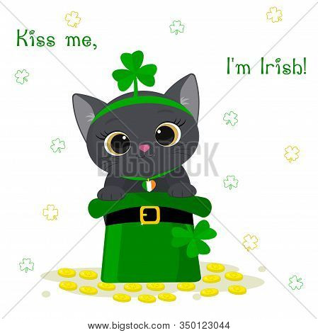 St. Patrick S Day Greeting Card. Cute Gray Cat In A Rim With Clover, Sitting In A Green Hat, A Dwarf