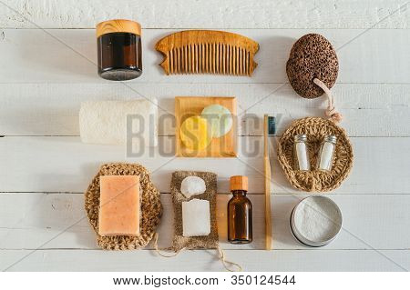 Zero Waste Bathroom Accessories On White Background.flat Lay Bamboo Toothbrushes, Wooden Hair Comb, 