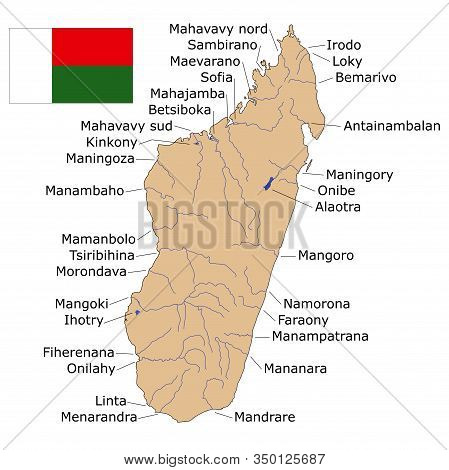 Map Of The Island Of Madagascar With A Flag. Rivers And Lakes. Island State. Vector Graphics.
