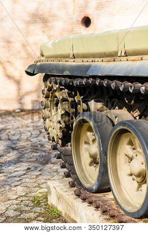Poznan, Poland - February 9, 2020: Detail Close Up Of A Old Antique Exposition Second World War Tank