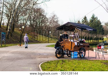 Poznan, Poland - February 9, 2020: La Cafeine Small Stand On Wheels Selling Warm Coffee And Tea To T