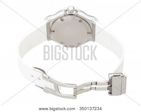 Wristwatch With An Open Lock On A Light Rubber Strap Of A Silver Watch Back View Isolated On White B