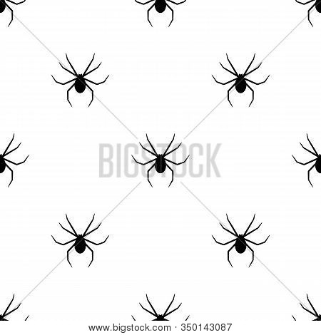 Seamless Pattern With Black Silhouette Of Spider On White Background. Halloween Decorative Texture. 