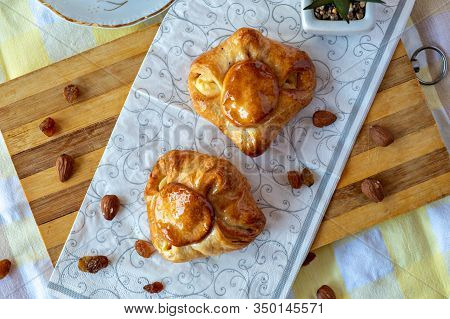 Danish Sweet Pastry With Peach And Peach Jam Top View