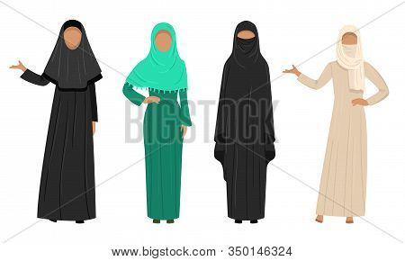 Set Of Muslim Arabic Women Wearing Traditional Ethnic Clothing. Vector Illustration In Flat Cartoon 