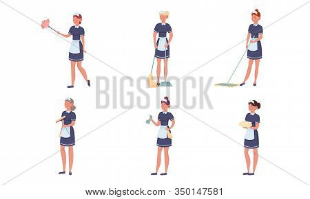 Set Of Maid Posing In Different Actions. Vector Illustration In Flat Cartoon Style.