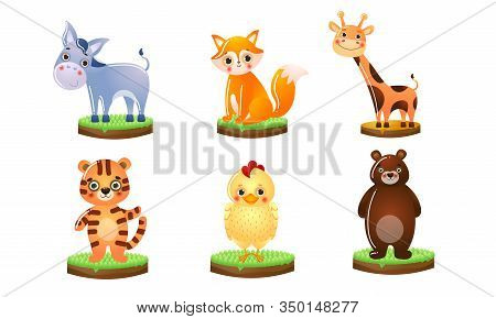 Set Of Different Colorful Cute Animals. Vector Illustration In Flat Cartoon Style.