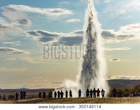 Icelandic Geyser Strokkur. Great Tourist Attraction On Golgen Circle Iceland.