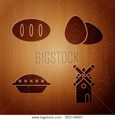 Set Windmill , Bread Loaf , Homemade Pie And Chicken Egg On Wooden Background. Vector