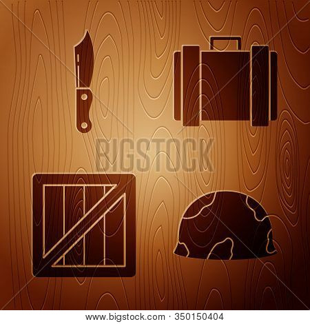 Set Military Helmet , Military Knife , Military Ammunition Box And Military Ammunition Box On Wooden